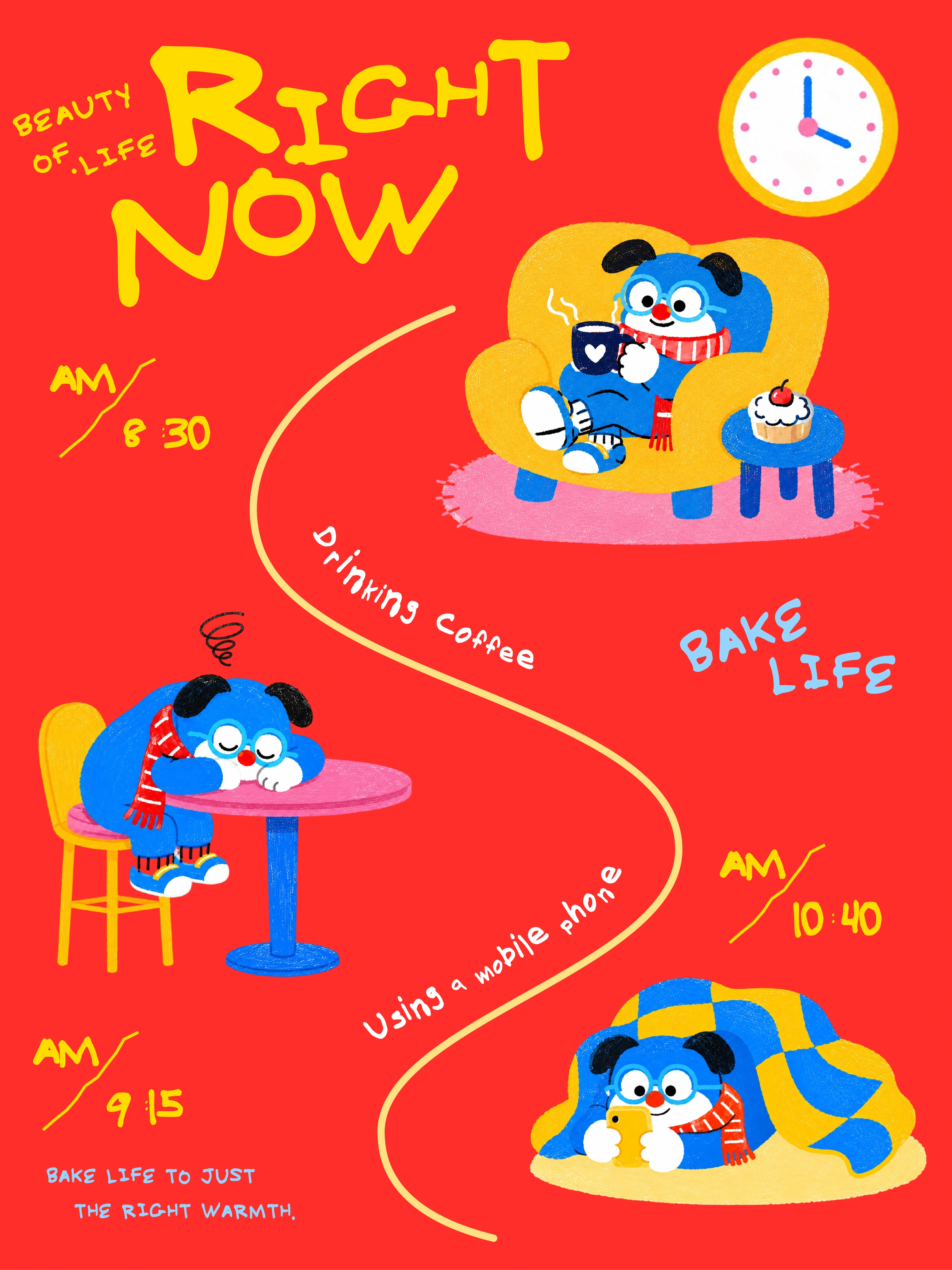 RIGHT NOW 红底角色与时间情景插画