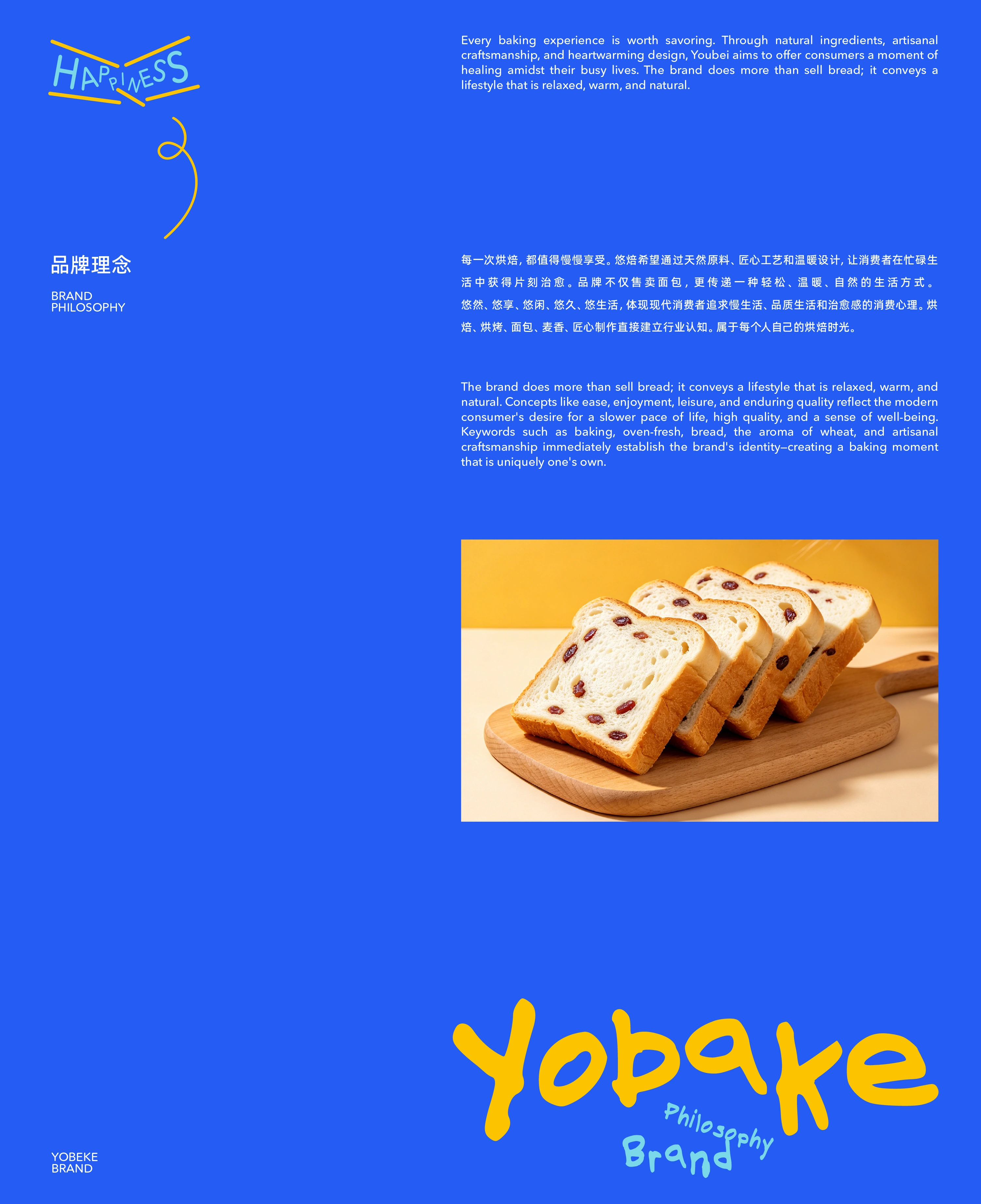 蓝底品牌理念、面包图片与 Yobake 字标展板